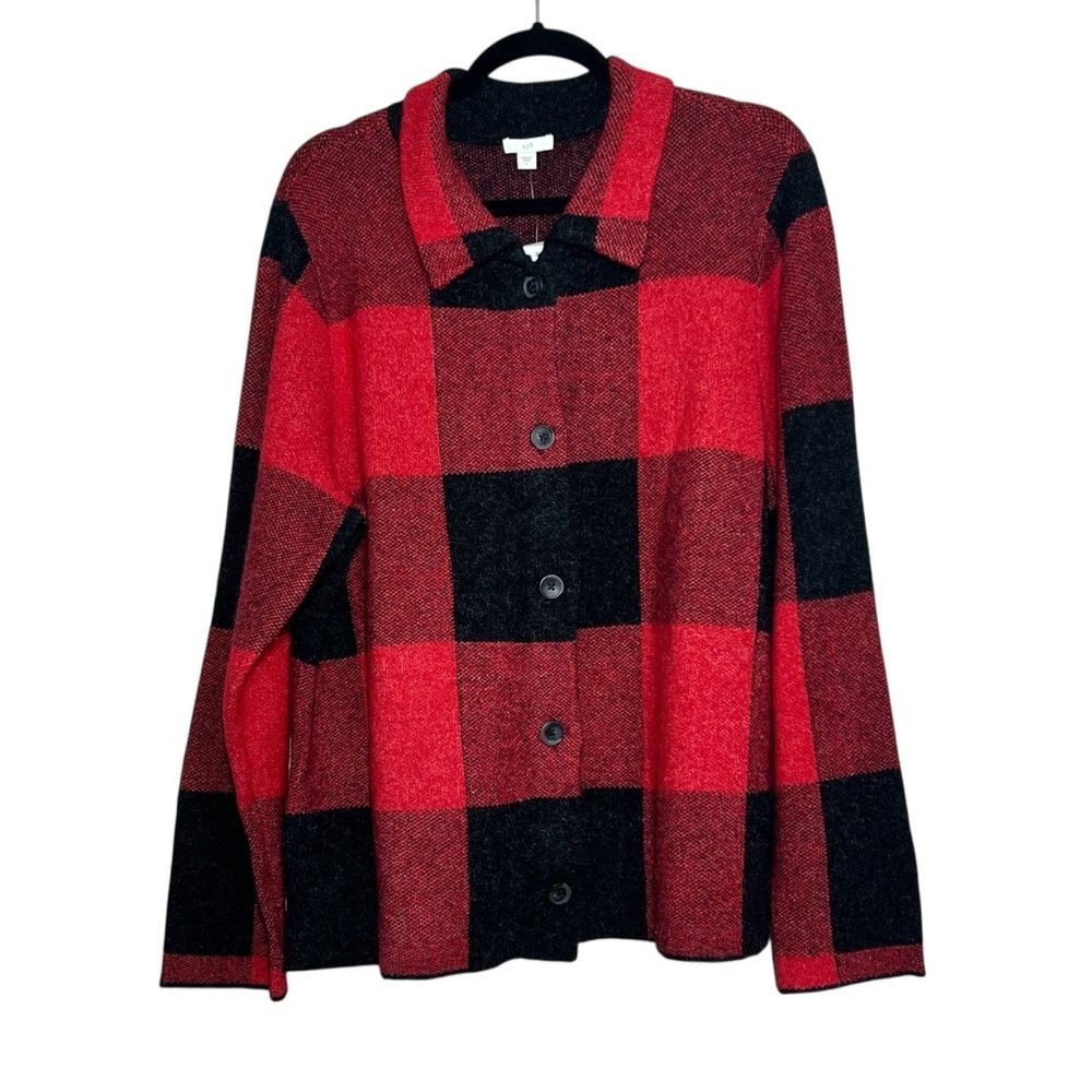 J Jill Button Front Cardigan Sweater Womens Size L Black Red Buffalo Plaid NWT